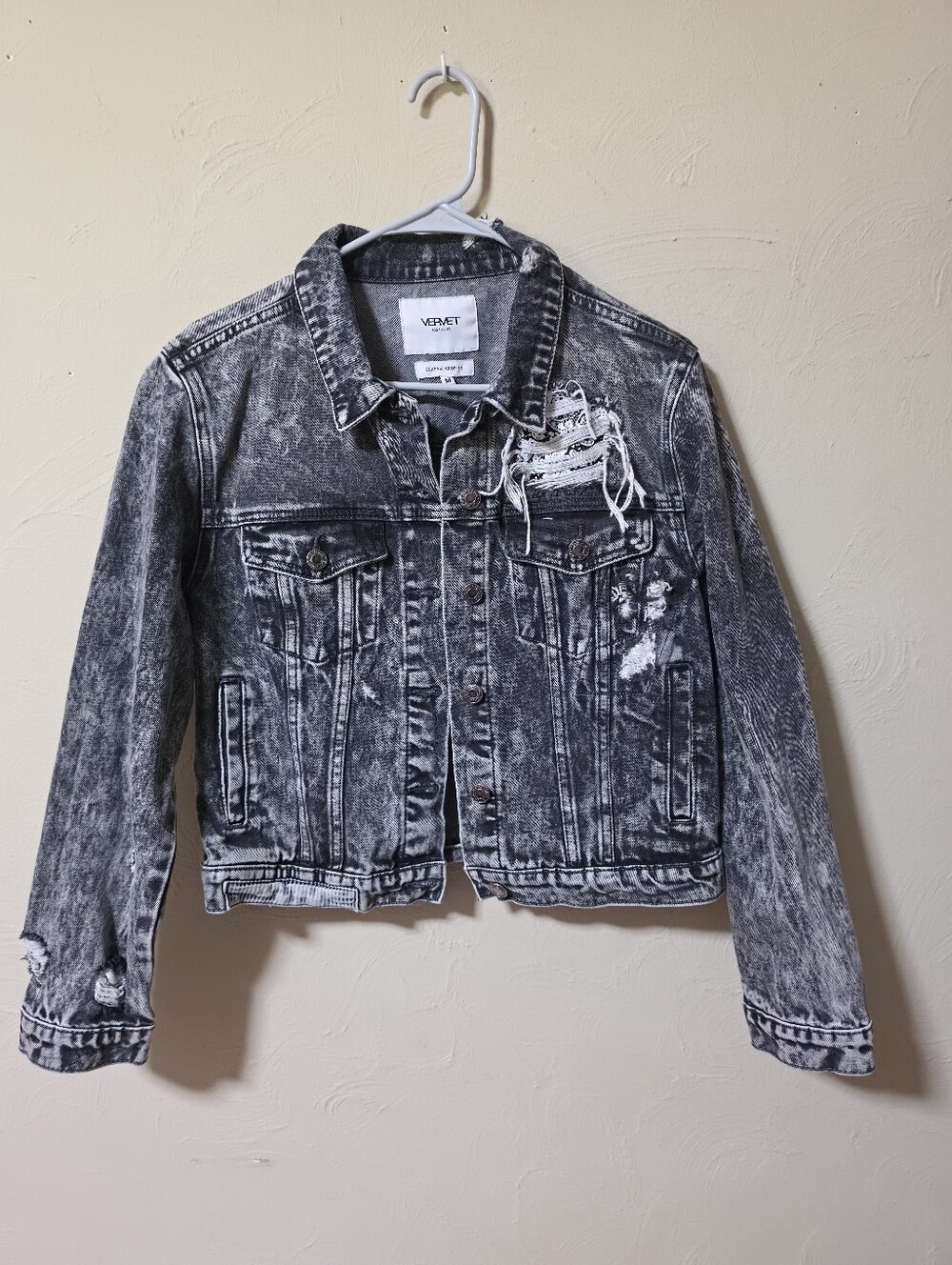 Vervet Acid Wash Distressed Denim Jacket - Gray Black